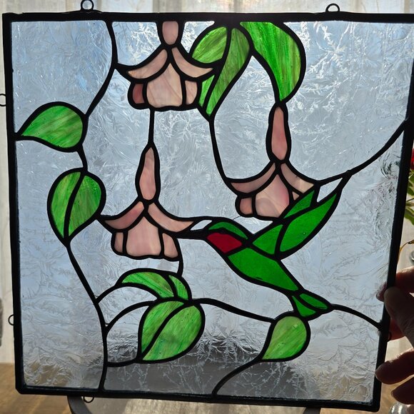 Vintage Hummingbird Pink Flowers Leaded Stained Glass Sun Catcher 11
